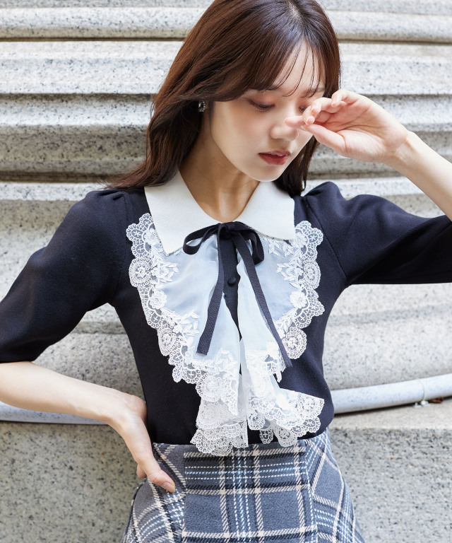 tocco closet 襟＆リボン付きレースフリル装飾ニットプルオーバー 襟＆リボン付きレースフリル装飾ニットプルオーバー