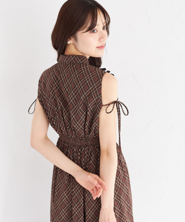 リボン付きプリーツフリル切り替えチェック柄シャツワンピース