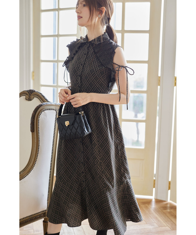 リボン付きプリーツフリル切り替えチェック柄シャツワンピース
