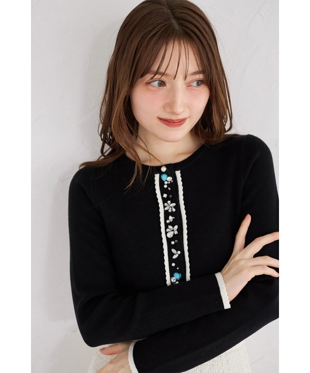 パールビジュー装飾バイカラーカーディガン