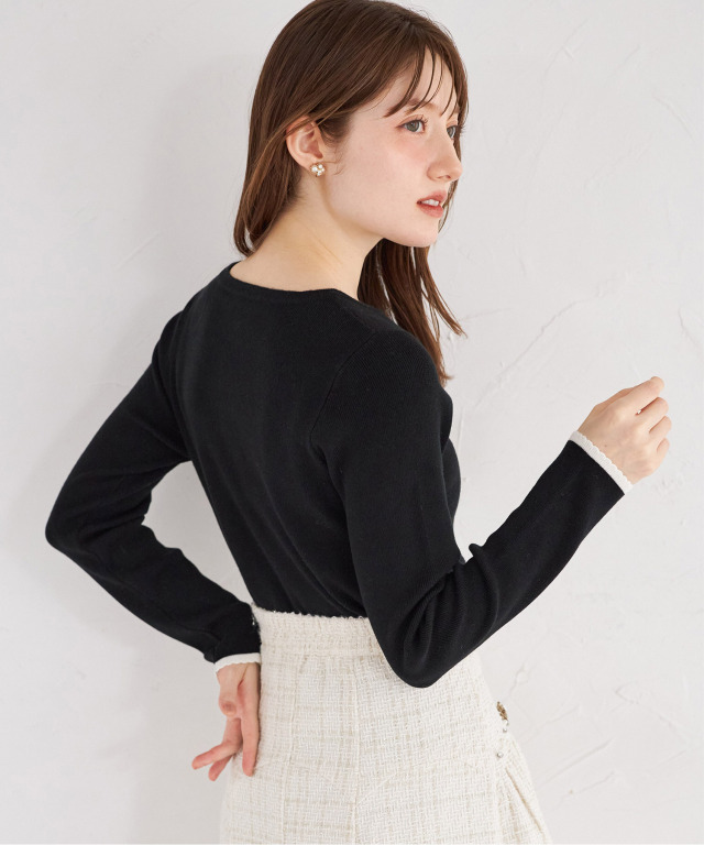 パールビジュー装飾バイカラーカーディガン