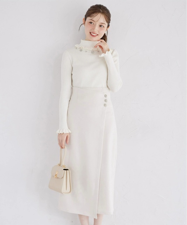 ビジュー付きハイウエストラップタイトスエードスカート