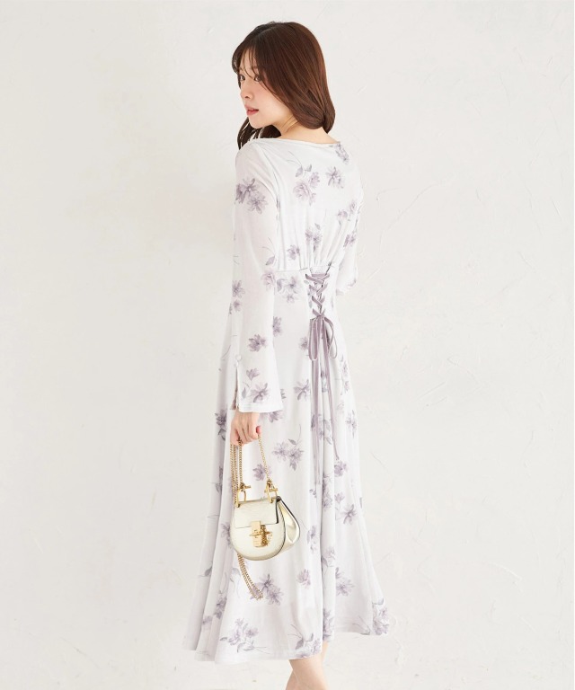 バックレースアップドレープネックフラワープリントベロアワンピース