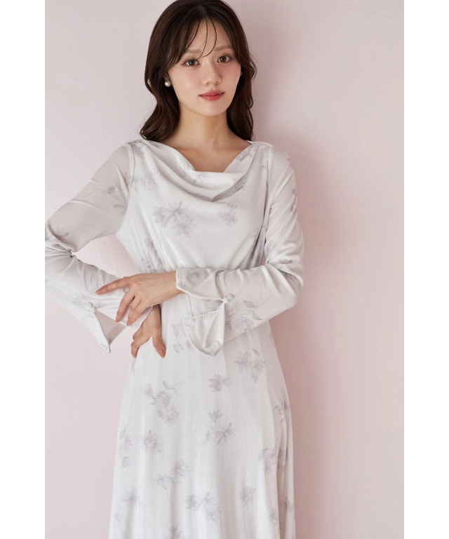 バックレースアップドレープネックフラワープリントベロアワンピース