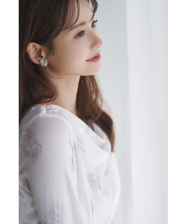 バックレースアップドレープネックフラワープリントベロアワンピース