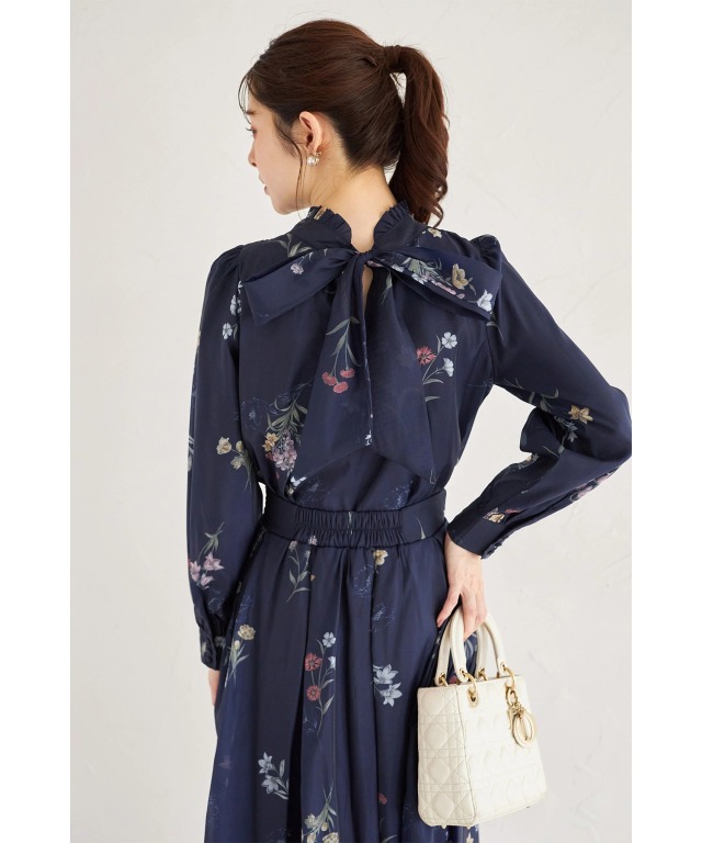 前後2WAYボウタイリボンボタニカルフラワーシアーブラウス
