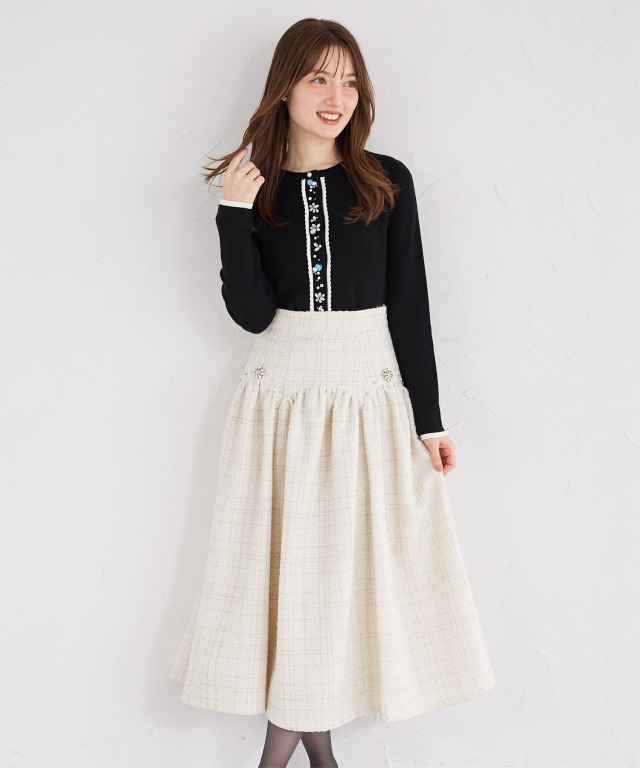 ビジュー装飾スカラップ切り替えツイードフレアスカート