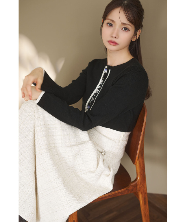 ビジュー装飾スカラップ切り替えツイードフレアスカート