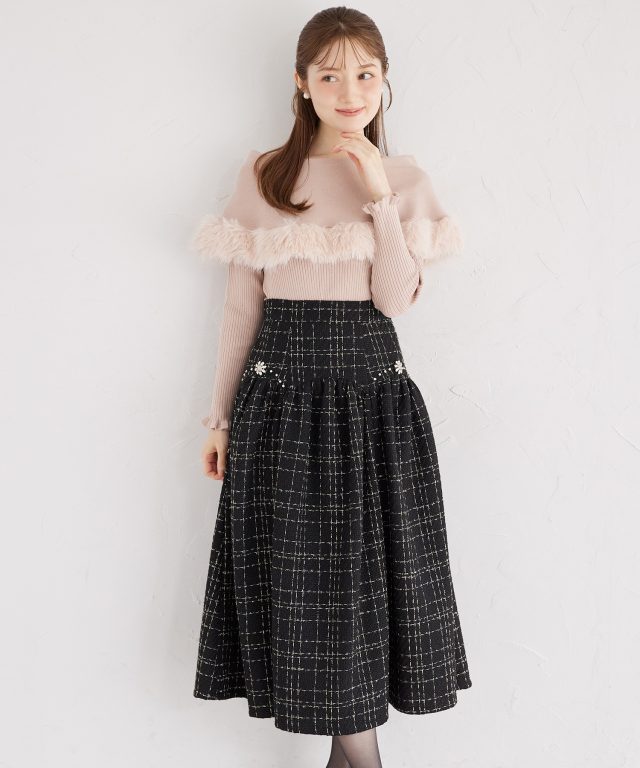 ビジュー装飾スカラップ切り替えツイードフレアスカート