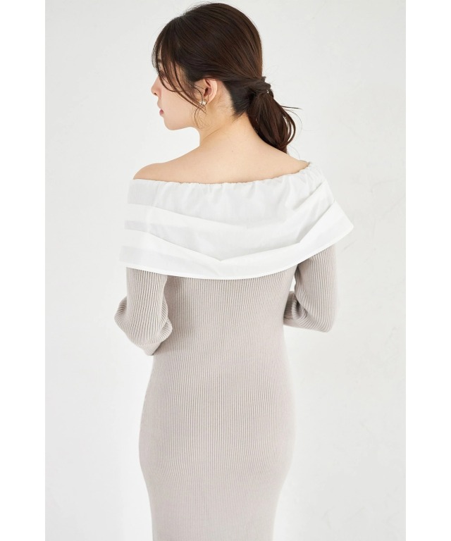 パールビジュー付きビックリボン切り替えリブニットワンピース