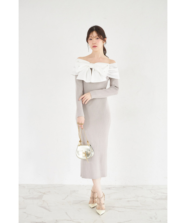 パールビジュー付きビックリボン切り替えリブニットワンピース