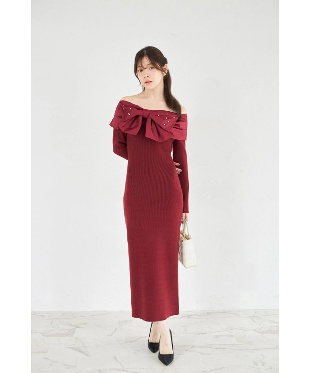 パールビジュー付きビックリボン切り替えリブニットワンピース