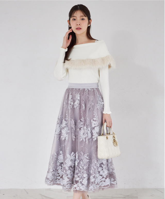 フラワー刺繍チュールボリュームフレアスカート