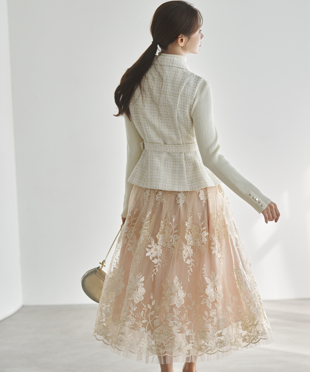 フラワー刺繍チュールボリュームフレアスカート