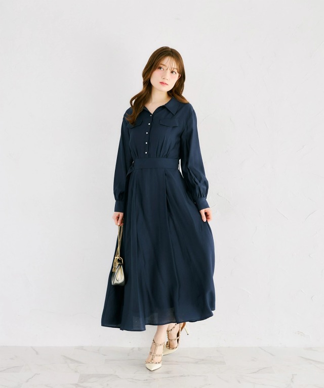 ベルト付きスキッパーシアーシャツワンピース