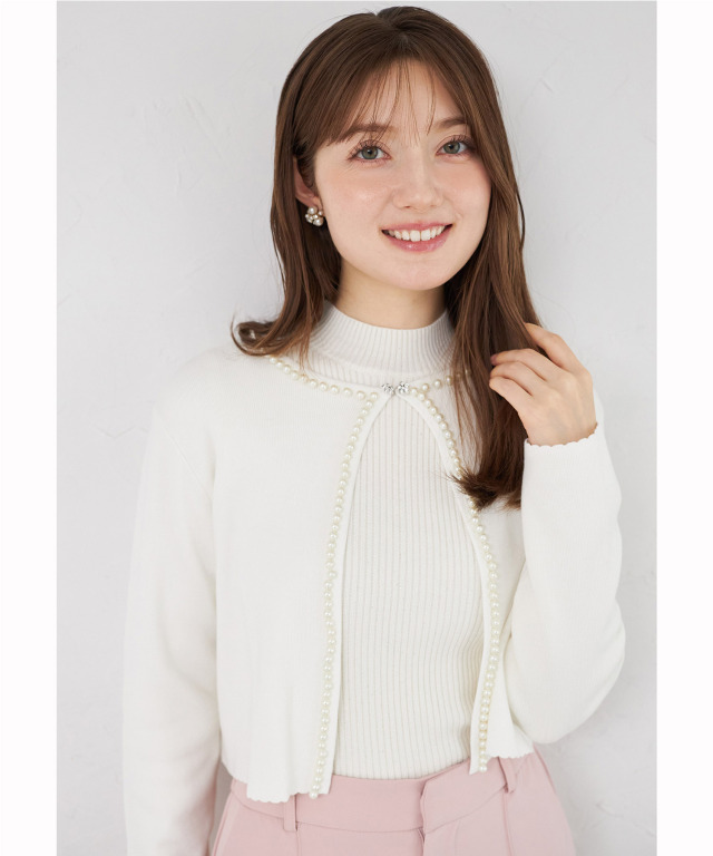 きちんと感のある華やかさ♪パールラインフロントホックニットカーディガン