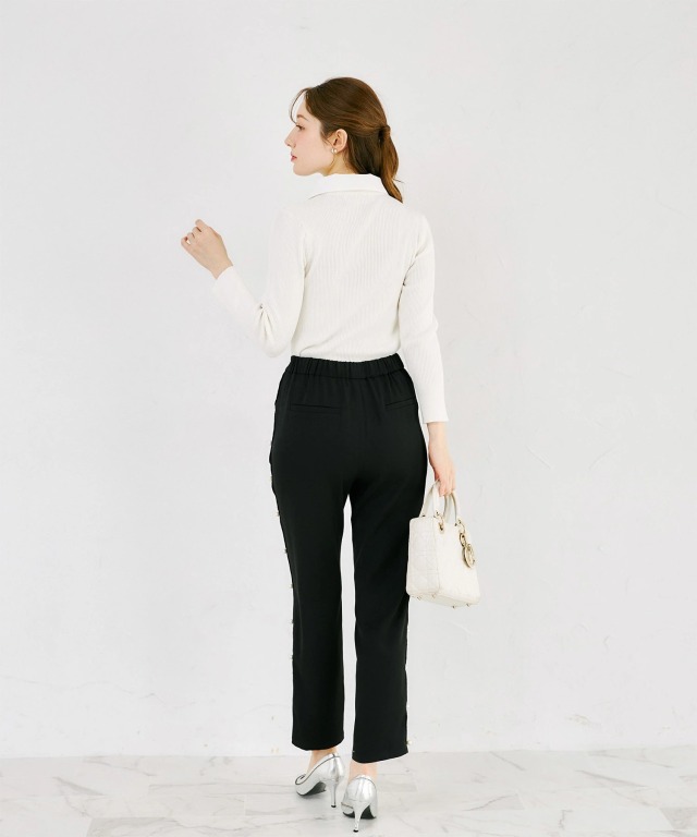 パール付きサイドスカラップテーパードパンツ