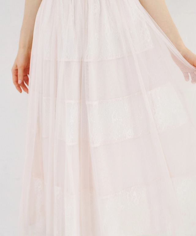 スパンコールミックスレースラインミモレ丈チュールスカート