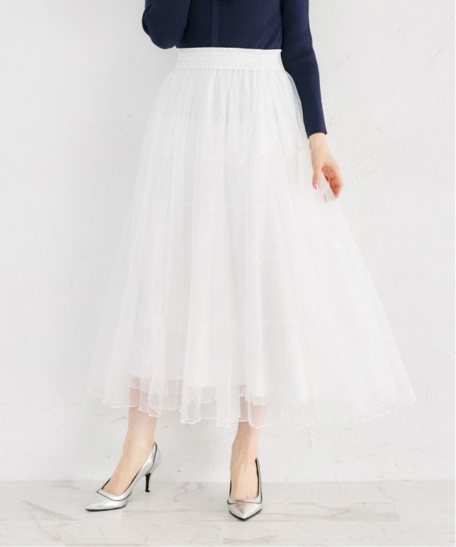 スパンコールミックスレースラインミモレ丈チュールスカート
