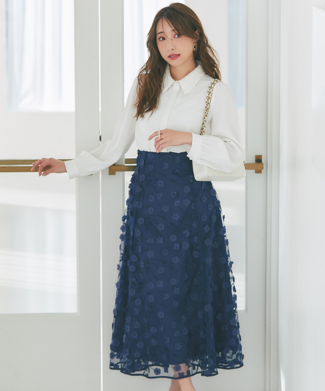 ナイルパーチ フレアスカート 立体フラワーモチーフ刺繍シアーフレアスカート