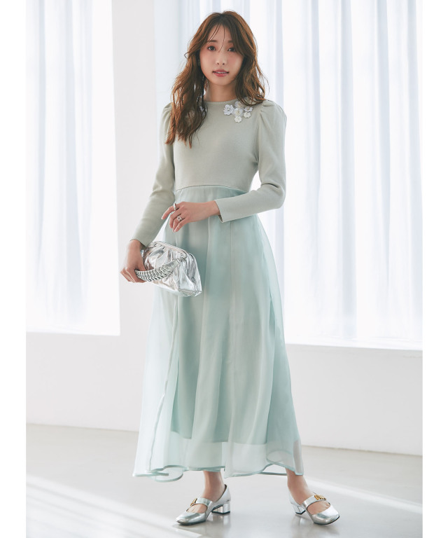 ウエストリボン付きフラワービジューニットドッキングワンピース