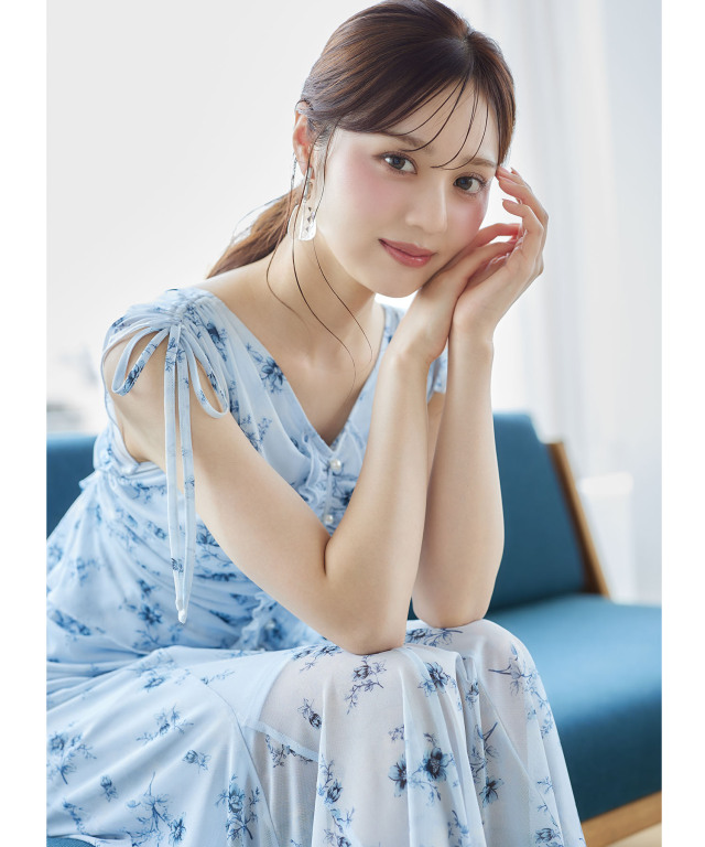 リボン付きストレッチチュールフラワープリントマーメイドラインワンピース