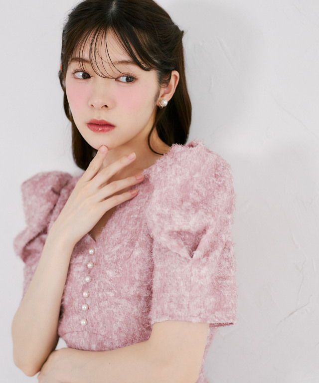 後ろリボン付きパワーショルダーフラワーフリンジジャガードワンピース