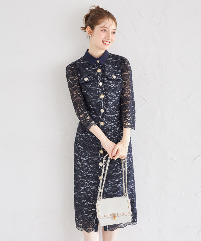襟付き多種パールビジュー釦レースタイトワンピース
