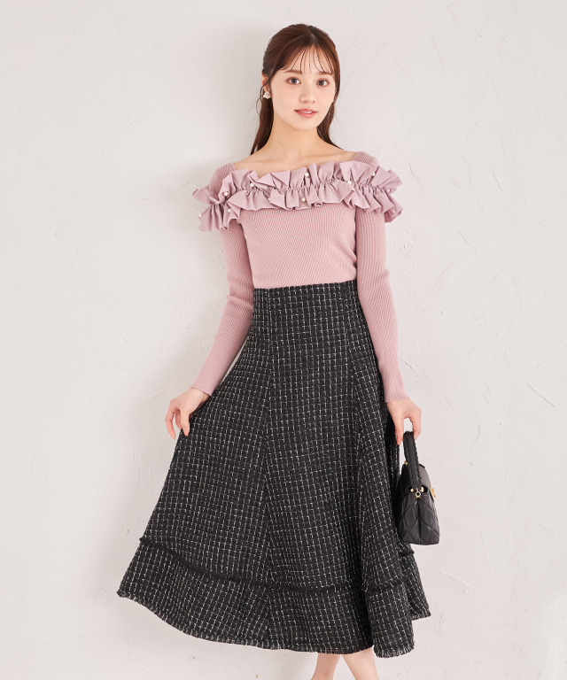 【希少】ELISABETTA FRANCHI フリンジ カーフツイードスカート 変形千鳥柄フロッキープリントスカート