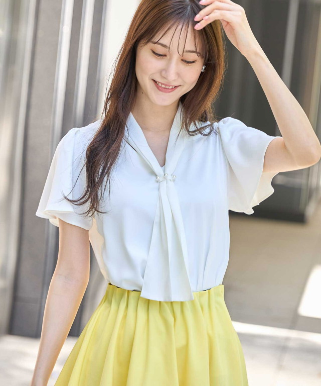 overlaceパンツ　ガリャルダブラウス セット 2WAYりぼん付きパール釦フロントオーガンジータックフリルブラウス