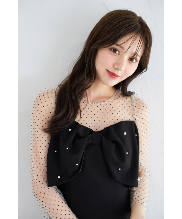 フロッキードットチュール切り替え2WAYリボンオフショル風  