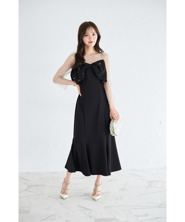 フロッキードットチュール切り替え2WAYリボンオフショル風  