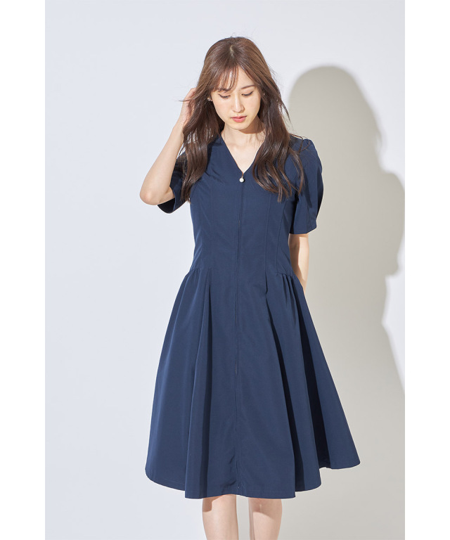 パール付きフロントファスナーパフスリーブワンピース≪Staff Product 