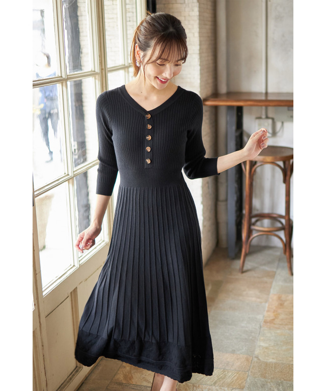 ヘンリーネック裾透かし編み切り替えリブニットワンピース 