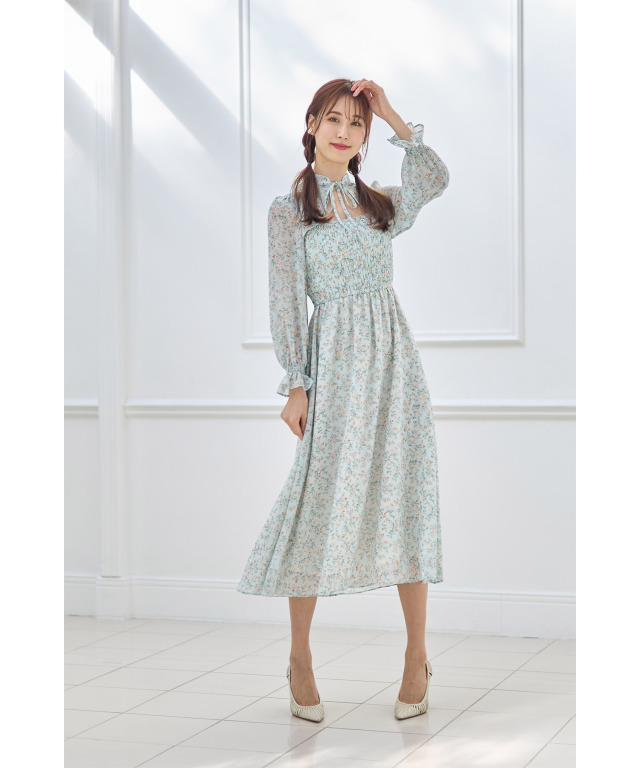 【極美品】カネコイサオ　ワンピース　リボン　フリル　花柄　総柄　M 極美品】カネコイサオワンピースリボンフリル花柄総柄M