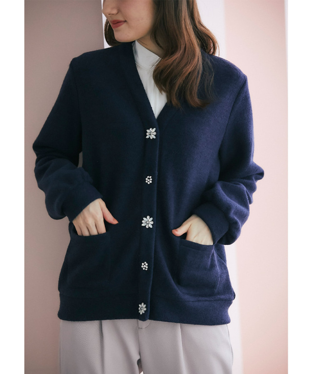 ポケット付きフラワービジュー装飾ニットソーカーディガン