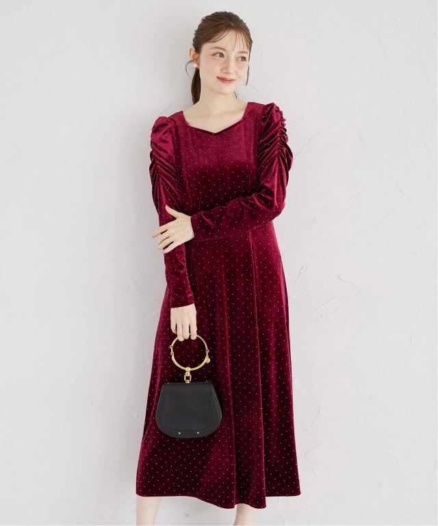 ストーン付きパワーショルダーカットベロアワンピース