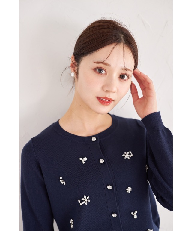 パール＆クリアビジュー付きニットカーディガン 