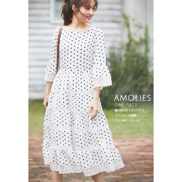 春の気分をスタンバイ♪ラインレース装飾ドット柄ワンピース≪Early  