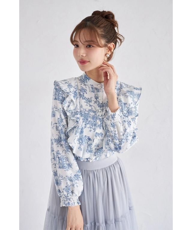 ラッフルフリル付きパール釦トワルドジュイプリントブラウス