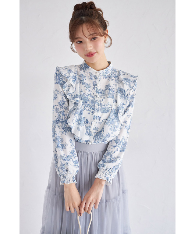 ラッフルフリル付きパール釦トワルドジュイプリントブラウス