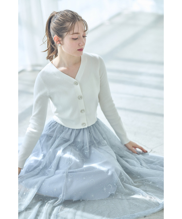 フラワービジュー付きショート丈リブニットカーディガン≪Gray×White  