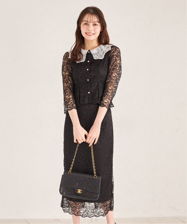 襟付き配色レーストップス×レースタイトスカートセットアップ 