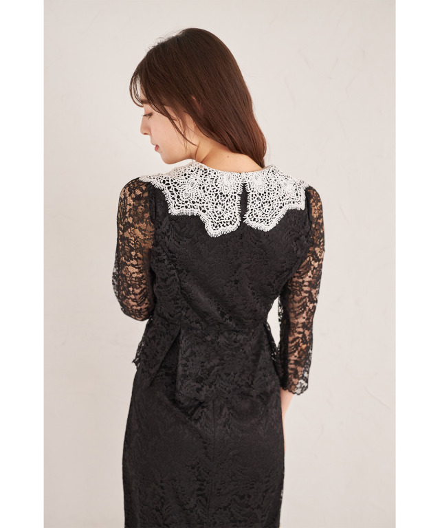 襟付き配色レーストップス×レースタイトスカートセットアップ 