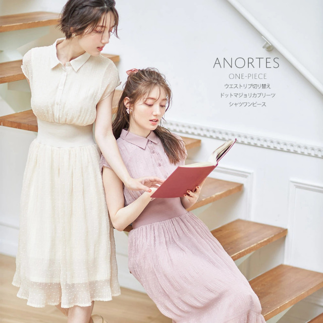 ウエストリブ切り替えドットマジョリカプリーツシャツワンピース