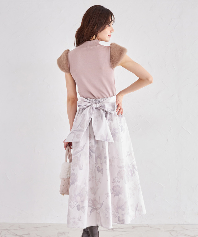 後ろリボン付きフラワープリントタフタフレアスカート