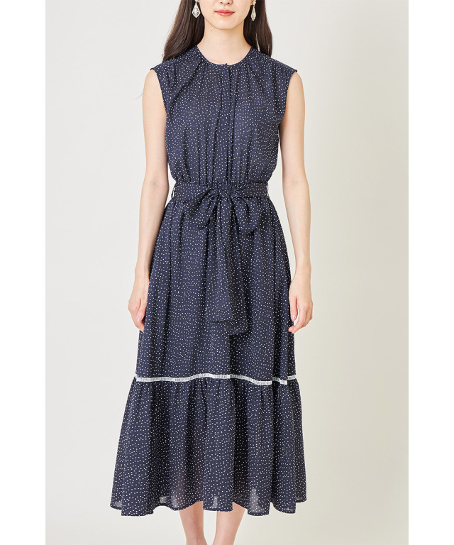 ウエストりぼん付き2WAYラインレース装飾ドット柄ティアードマキシ  