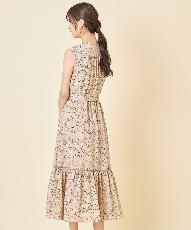 ディアリウム ロングワンピース アイボリー ドット柄 ノースリーブ  