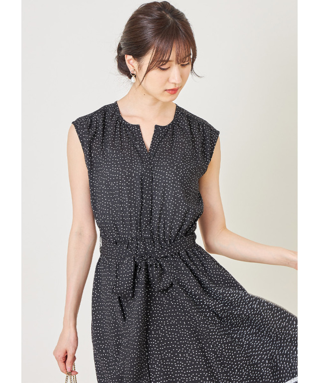 ウエストりぼん付き2WAYラインレース装飾ドット柄ティアードマキシ  