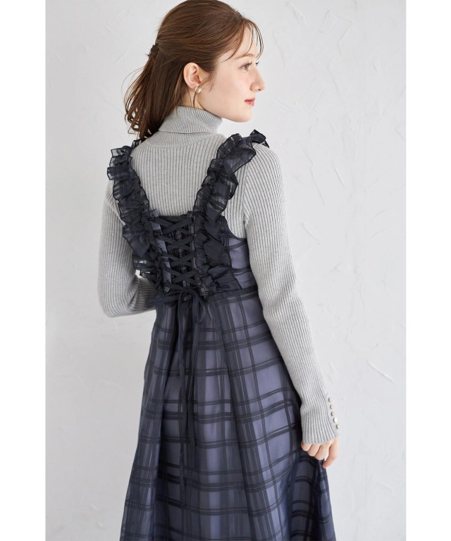 フリル付きバックレースアップシアーチェックワンピース